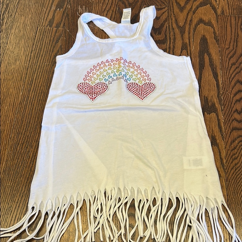 White Fringe Kids Cover up or Top with Rainbow Design